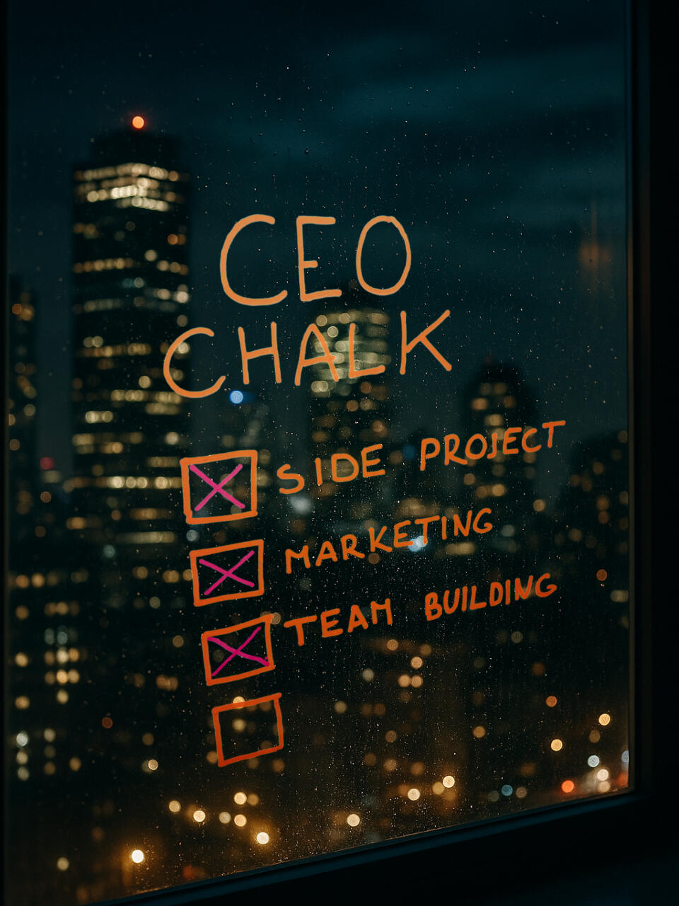 CEO Chalk used on window Neon CEO Chalk goals written on a glass window using pink and orange markers with a night city view in the back