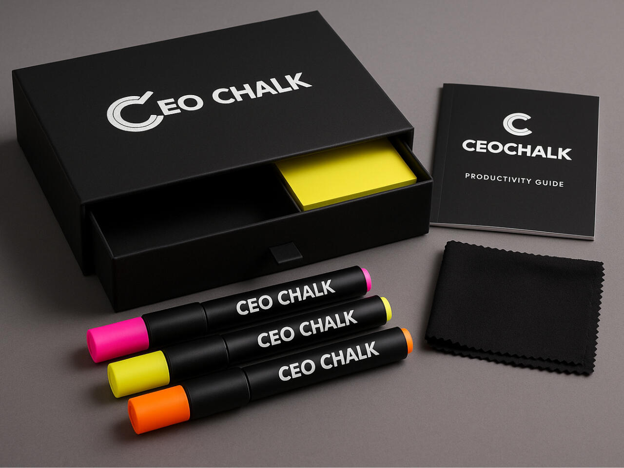 CEO Chalk Kit Full CEO Chalk Kit with three markers, productivity guide booklet, neon sticky notes, black microfiber cloth and a premium branded packaging box.