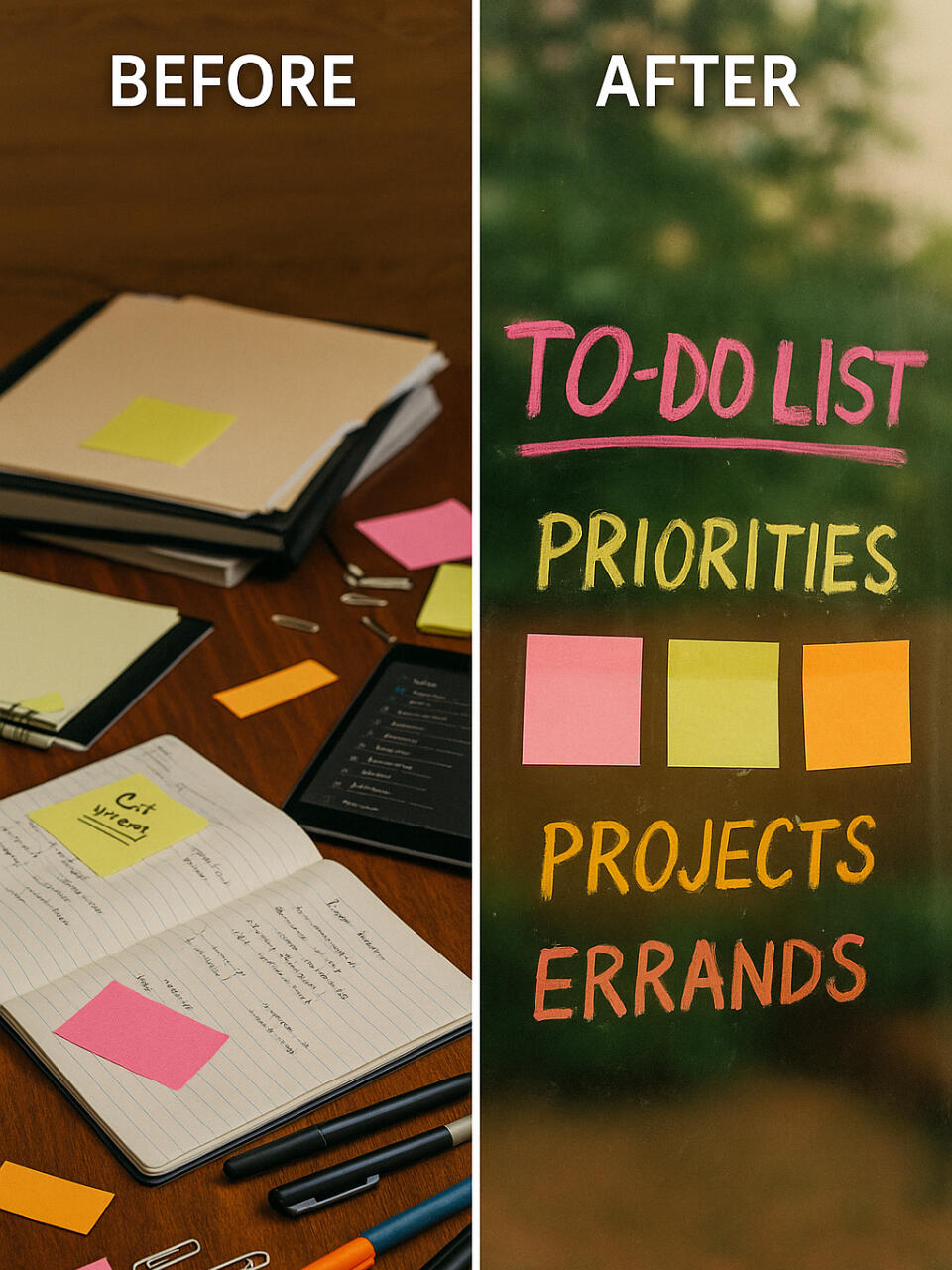 Before and after using CEO Chalk Comparison of a messy desk full of notes, to-do lists, notebooks, pens, staples to a clean simple to-do list written on a window with CEO Chalk